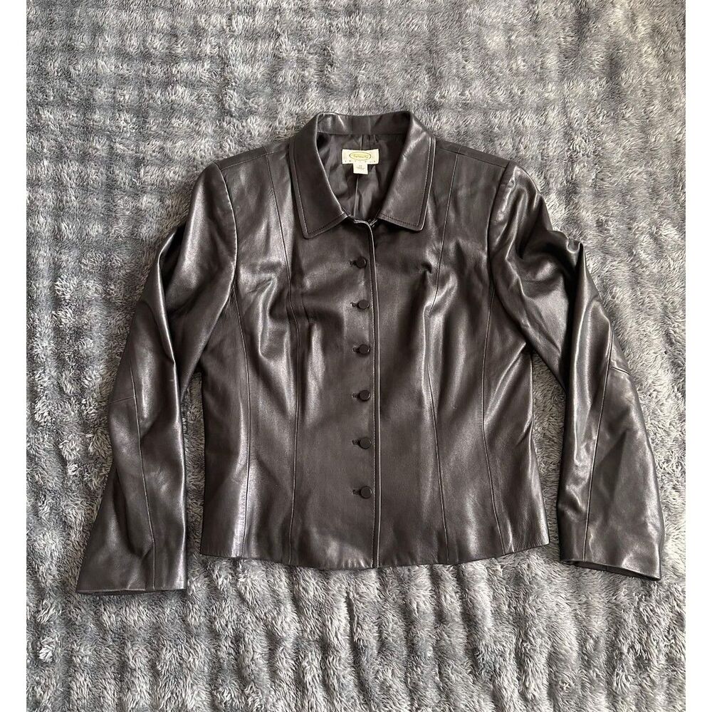 Talbots Petite Vintage 100% Genuine Leather Jacket Womens 12P Black Button Front